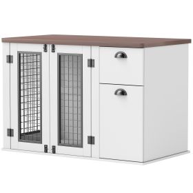 PawHut 44" Furniture Dog Crate with Double Door, Storage & Drawer for Medium Sized Dogs, White