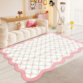 Pink scalloped-edge bow patterned carpet, area rug, stain-resistant and easy to clean, suitable as a slip-resistant floor mat for living rooms and bed