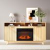 Oak Fireplace TV Stand with 23 Inch Insert, Double Grid Doors, Gold Handles & 2 Shelves, Media Console 58 x 13.6 x 32 Inch
