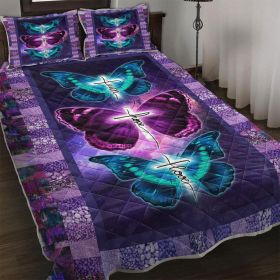 3 Pcs Butterfly Patterned Pet Themed Quilt Set, Soft And Warm Bedding Set, Including 1 Quilt And 2 Pillowcases For Home Bedroom Decoration (Color: Purple, size: Queen)
