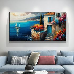 Hand Painted Original Seaside Mediterranean Oil Painting On Canvas Large Wall Art Abstract Blue Seascape Art Custom Painting Living Room Home Decor (Style: 1, size: 60x120cm)