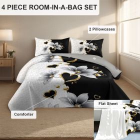 4 Piece Soft All-Season Washed Microfiber And Viscose Comforter Set , With Comforter, Sheet, Pillowcases & Shams, Print, Flowerd, Moisture-Wicking, Si (Color: black/white lotus, size: Queen)