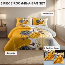 5 Piece Soft All-Season Washed Microfiber And Viscose Comforter Set , With Comforter, Sheet, Pillowcases & Shams, Print, Flowerd, Moisture-Wicking, Si (Color: Yellow Blossom, size: CAL KING)