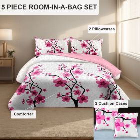 5 Piece Soft All-Season Washed Microfiber And Viscose Comforter Set , With Comforter, Sheet, Pillowcases & Shams, Print, Flowerd, Moisture-Wicking, Si (Color: pink mei flower, size: CAL KING)