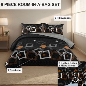 6 Piece Soft All-Season Washed Microfiber And Viscose Comforter Set , With Comforter, Sheet, Pillowcases & Shams, Print, Flowerd, Moisture-Wicking, Si (Color: black geometry, size: CAL KING)