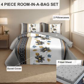 4 Piece Soft All-Season Washed Microfiber Cover Set , Queen/King/Calking Bedding Set With Zipper Closure, Sheet, Pillowcases,Print, Moisture-Wicking, (Color: grey/white flower, size: CAL KING)
