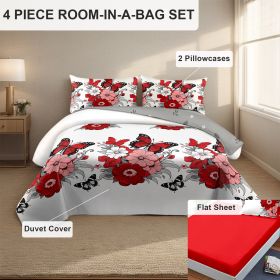 4 Piece Soft All-Season Washed Microfiber Cover Set , Queen/King/Calking Bedding Set With Zipper Closure, Sheet, Pillowcases,Print, Moisture-Wicking, (Color: red butterfly peony, size: King)