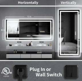 This tempered glass bathroom mirror with anti-fog and anti-break features offers a rectangular frame for wall-mounted use. Featuring a metal frame wit (S1R12176UL48"x30": S1R18191UL72"x36")