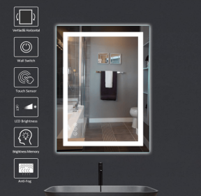 Triple Color Temperature/LED/RGB Smart Touch Control Bathroom Mirror with Tempered Glass, Adjustable Light, Fog & Shatterproof, Memory Function, Recta (S3R13874UL55"x30": S3R18282UL72"x32")
