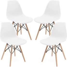 Set of 4 Modern Style Dining Chair, Shell Lounge Plastic Chair for Kitchen, Dining, Bedroom, Living Room Mid-Century Modern Side Chairs with Wooden Wa (Color: White)