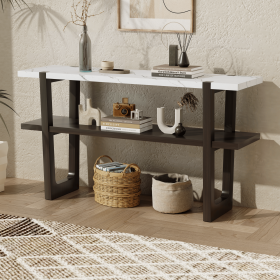Retro Elegant Console Table with Marble-Effect Top and Versatile Storage Solutions for Entryway and Living Room (Material: Solid Wood+MDF, Color: Espresso)